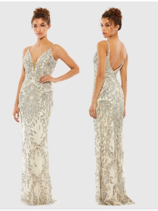 Mac Duggal Dresses & Skirts - Mac Duggal Silver Gold Beaded Leaf Sequin Illusion V-Neck Gown Dress Size 10